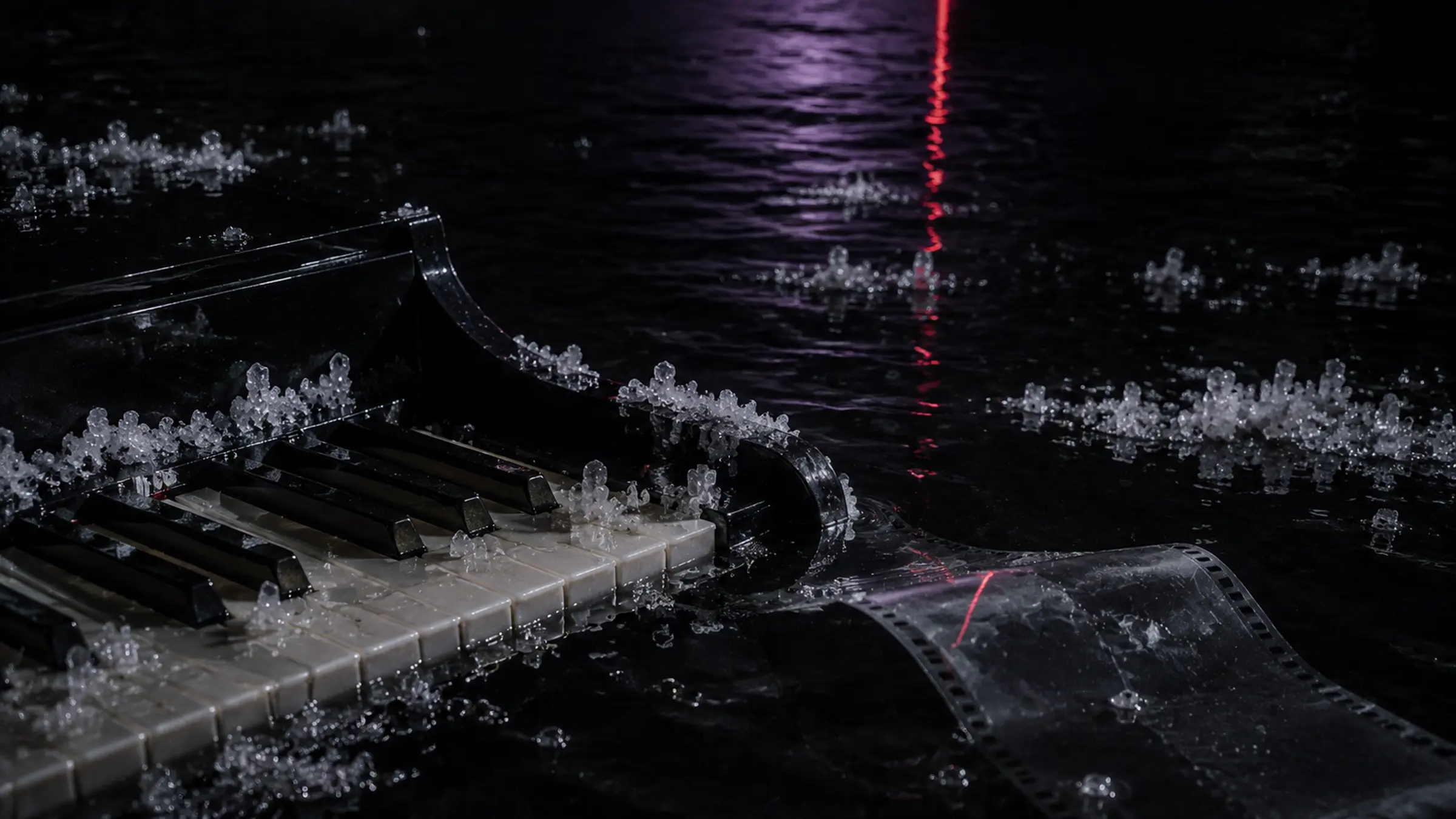 A black piano keyboard, translucent film and salt crystals partly submerged in dark water.
