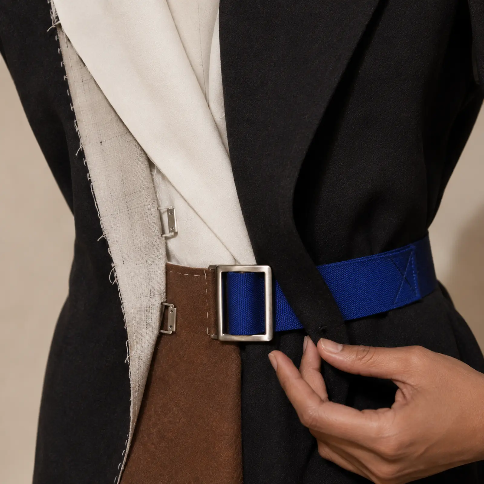 Close view of Ninth Form wool, cotton, tailoring canvas, detachable tabs and blue steel fastening.