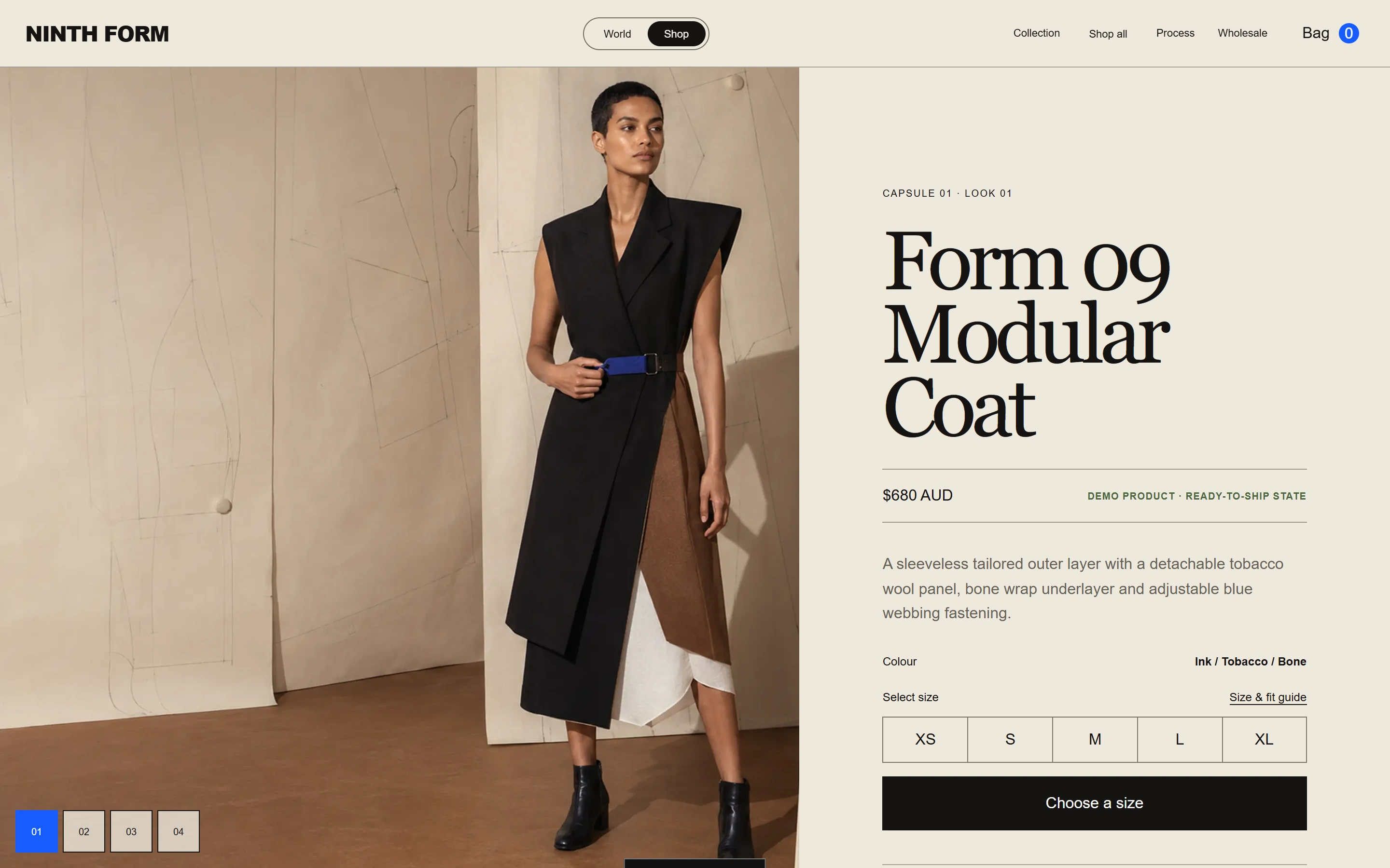 Ninth Form Shop-mode product page showing garment, price, availability, sizing and action.