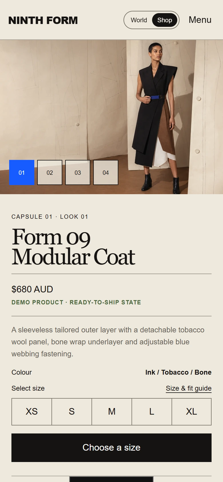 Mobile Ninth Form product view with garment, price, availability, fit guide, sizes and add-to-bag action.
