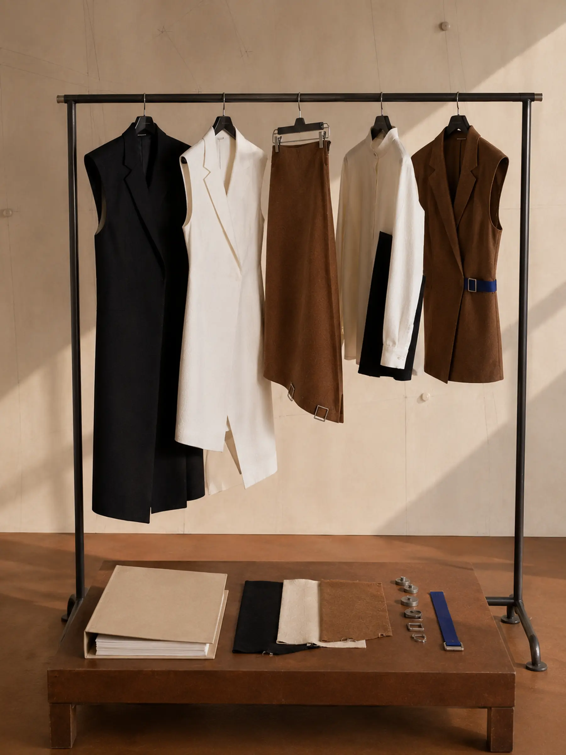 A compact Ninth Form capsule on a garment rail with blank line sheets, fabric swatches and hardware.