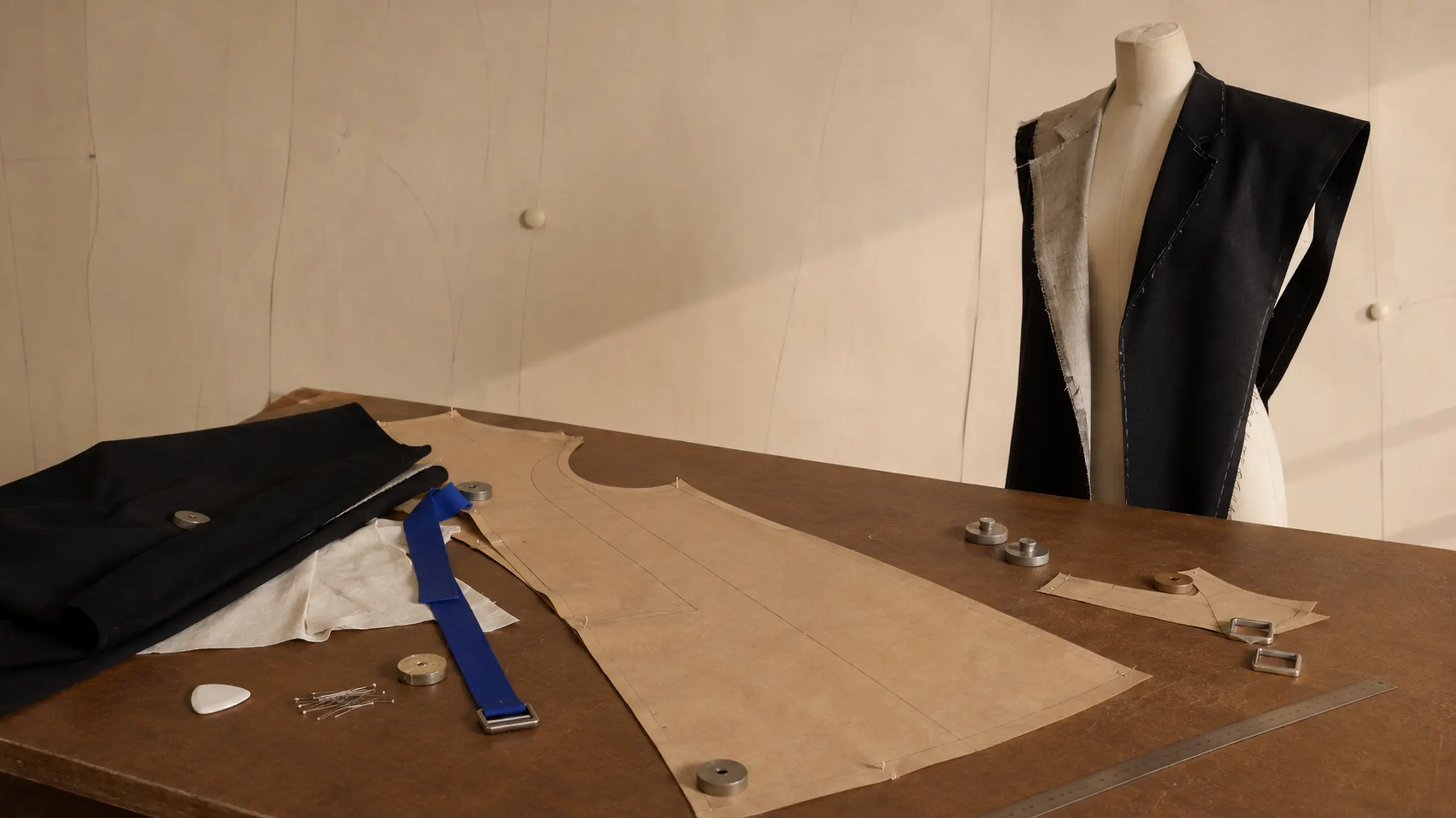A Ninth Form worktable with paper pattern, black wool, bone cotton, blue webbing and a half-assembled tailored shoulder.